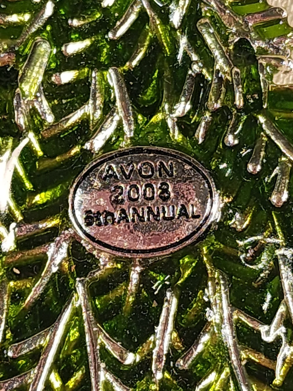 AVON 2008 Green Enamel Christmas Tree Brooch with Multicolor Rhinestones